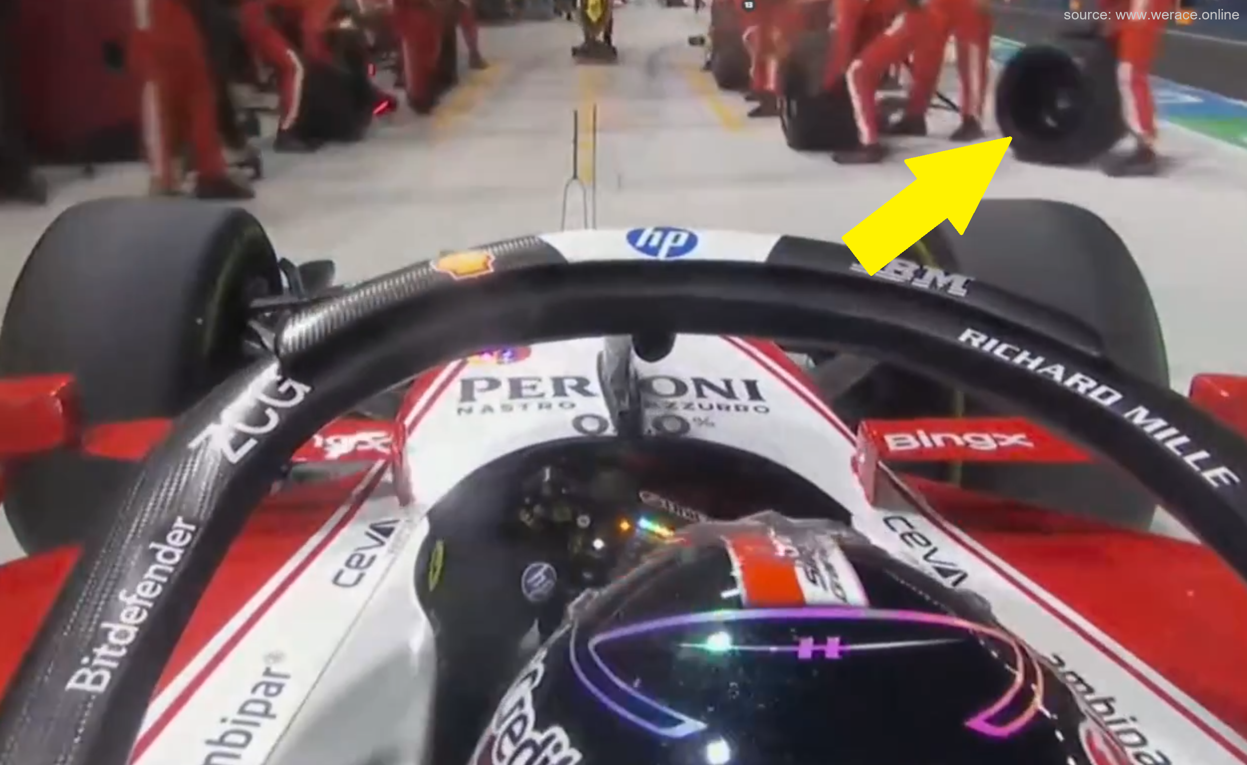 Ferrari pit stop: a second set of tyres ready behind Leclerc's